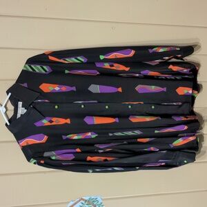 14 vintage black colorful tie print 100% silk button up long sleeve shirt 16.5"